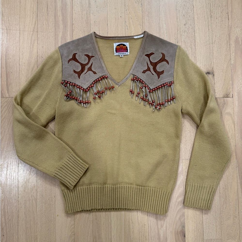 Vintage Western suede fringe beaded sweater cowgirl Size S